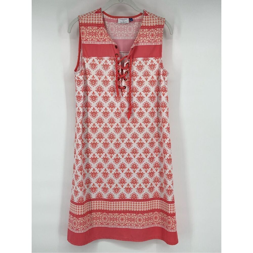 Talbots Cabana Life Dress Sz Medium Coral Pink White Sleeveless Lace Up UPF 50+